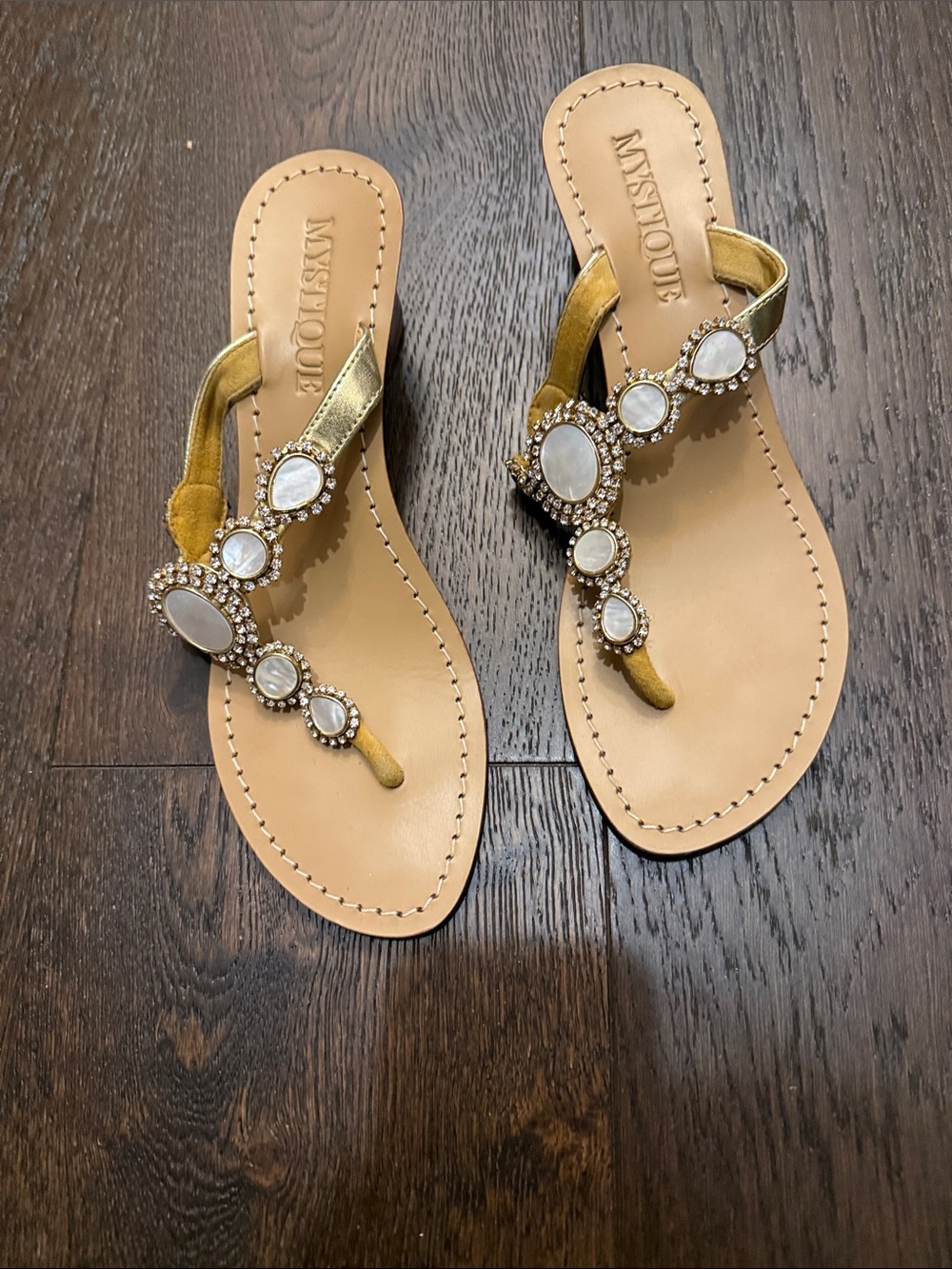 Mystique Boutique Gold Jeweled Thong Sandals with Cream Stones